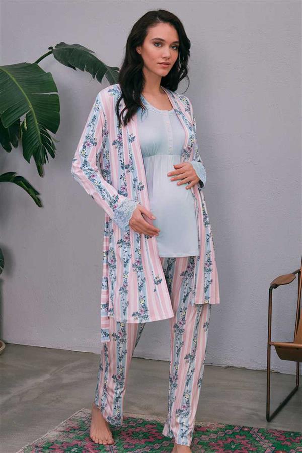 Kadın Viskon Hamile Lohusa Dantelli Sabahlık Önden Açılan Emzirme T-Shirt ve Pantolon Pijama 3'lü Takım (5651)
