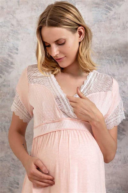 Kadın Viskon Hamile Lohusa Dantelli Sabahlık ve Önden Açılan Emzirme Uzun Gecelik Elbise Takımı (5508)
