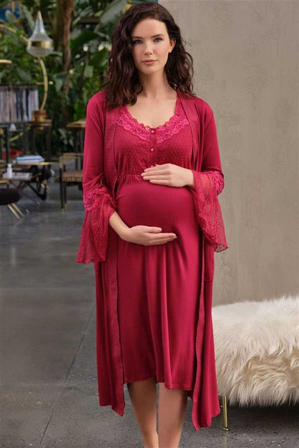 Kadın Viskon Hamile Lohusa Dantelli Sabahlık ve Baskılı Önden Açılan Emzirme Uzun Gecelik Elbise Takımı (5649)