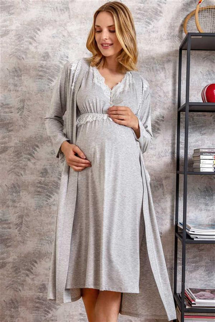 Kadın Viskon Hamile Lohusa Dantelli Sabahlık ve Önden Açılan Emzirme Uzun Gecelik Elbise Takımı (5546)
