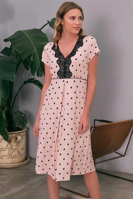 Kadın Viskon Hamile Lohusa Puantiyeli Önden Açılan Emzirme Dantelli Uzun Gecelik Elbise (5654)