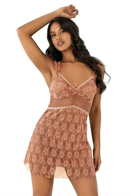 Arias Dolap Dantel İşlemeli Bakır Kısa Tül Gecelik