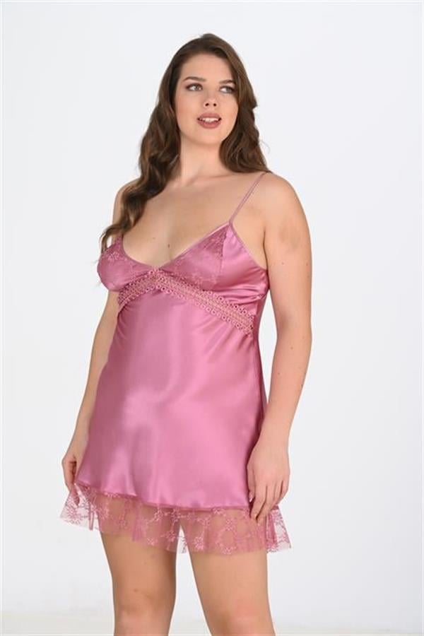 Arias Dolap Büyük Beden Dantel İşlemeli Gülkurusu Saten Gecelik