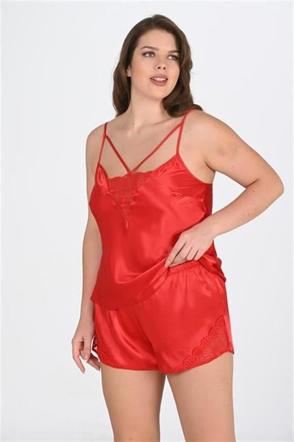 Arias Dolap Büyük Beden Kırmızı Dantel İşlemeli Saten Şortlu Gecelik Takımı
