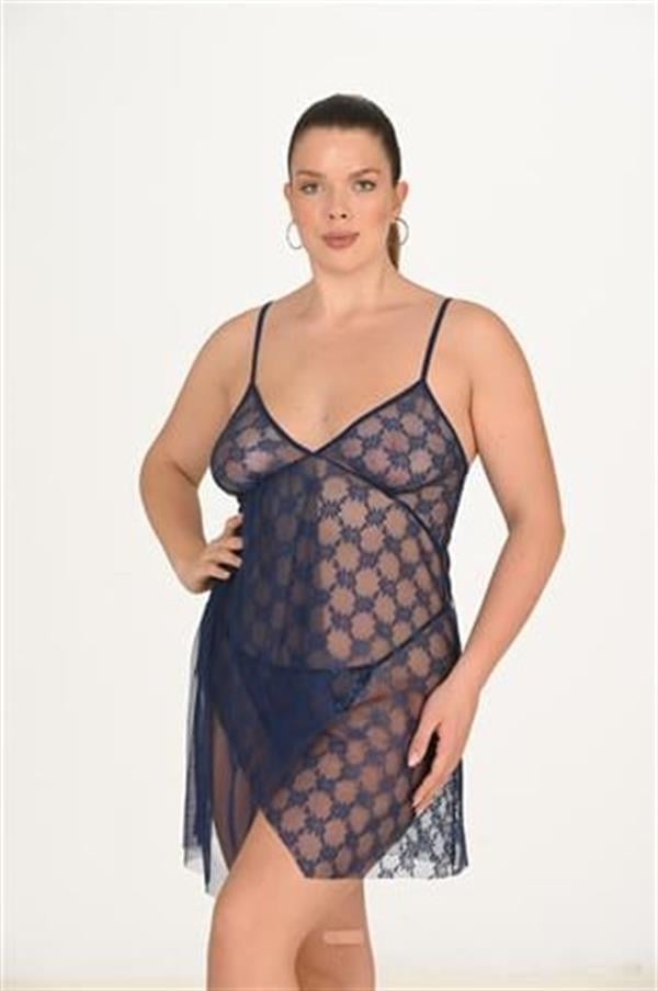 Arias Dolap Büyük Beden Lacivert Dantel İşlemeli Tül Gecelik