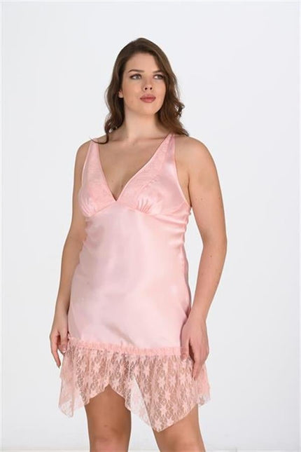 Arias Dolap Büyük Beden Dantel İşlemeli Somon Saten Gecelik