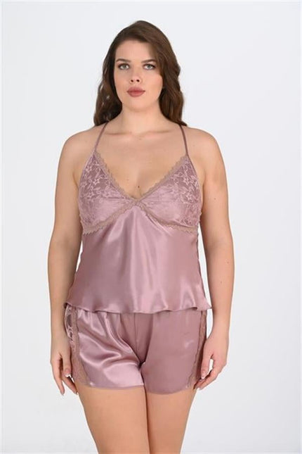 Arias Dolap Büyük Beden Dantel İşlemeli Vizon Saten Şort Takımı
