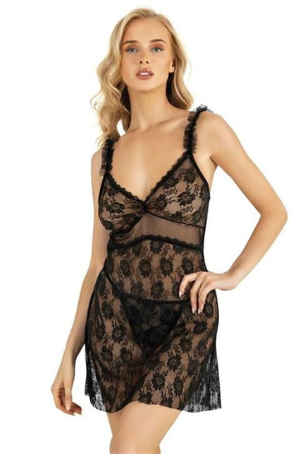 Arias Dolap Dantel İşlemeli Siyah Kısa Tül Gecelik