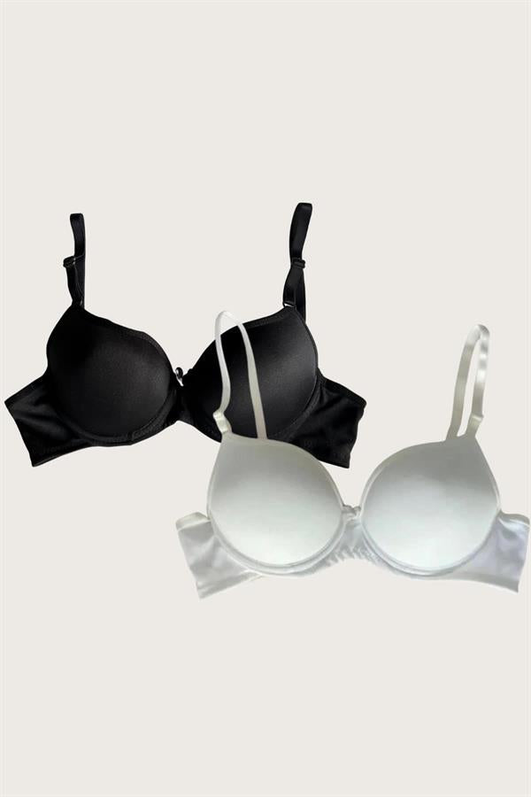 Arias Klozet Siyah-Beyaz 2'li Mikro Kumaş Push Up Dolgulu Balenli Günlük Destekli Sütyen