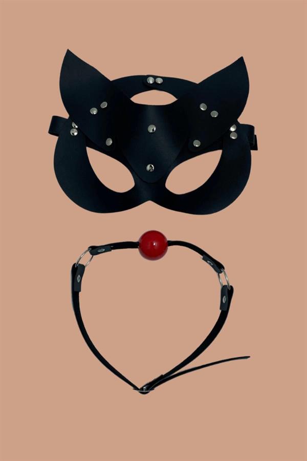 Arias Klozet Siyah Deri Maske ve Ağız Topu Herness Aksesuar