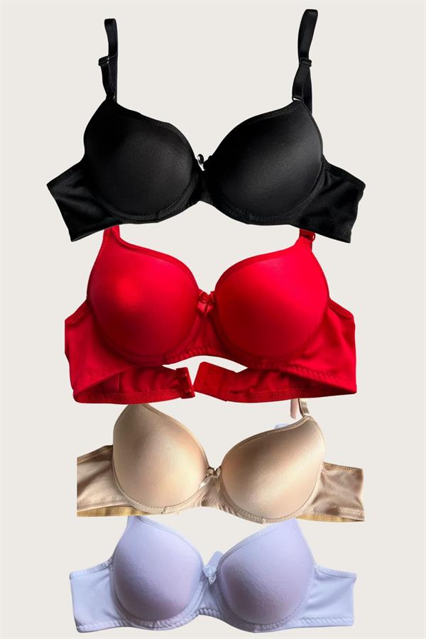 Arias Klozet Siyah-Beyaz-Kırmızı-Ten 4'lü Dolgulu Push Up Micro Balenli Günlük Tek Destekli Sütyen