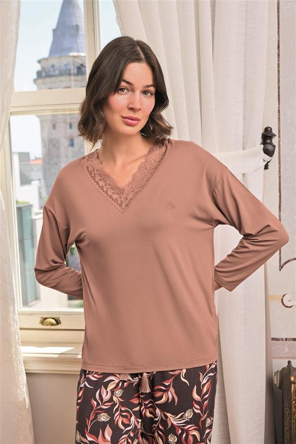 Arias Dolap Yaprak Desenli Dantelli V Yaka Büyük Beden Pijama Takımı