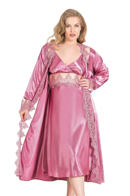 Arias Dolap Büyük Beden Gül Kurusu Uzun İkili Saten Sabahlık Gecelik Takımı