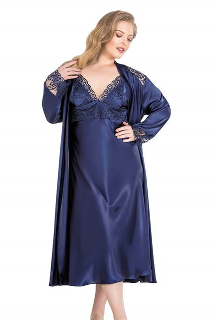 Arias Dolap Büyük Beden Lacivert Uzun İkili Saten Sabahlık Gecelik Takımı