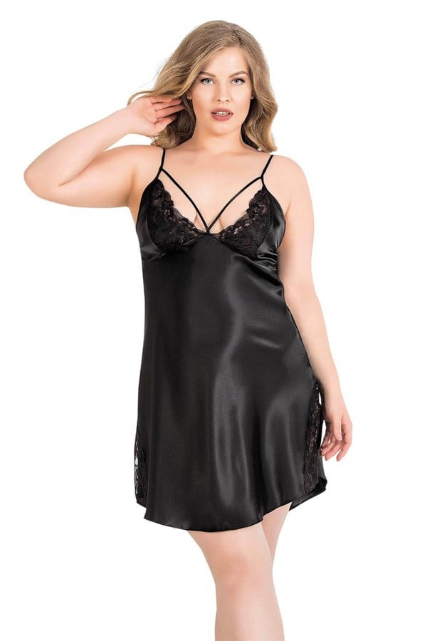 Arias Dolap Büyük Beden Siyah Kısa İkili Saten Sabahlık Gecelik Takımı 6151