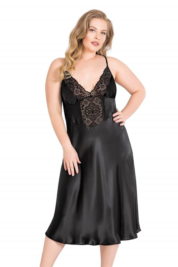 Arias Dolap Büyük Beden Siyah Uzun Saten Gecelik