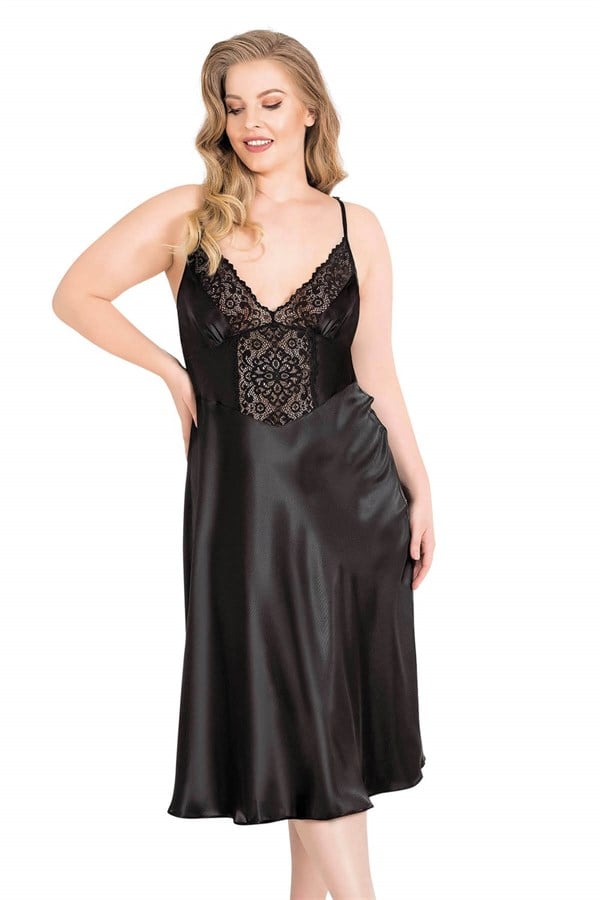 Arias Dolap Büyük Beden Siyah Uzun Saten Gecelik