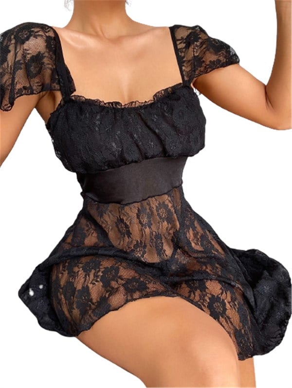 Arias Dolap Alt Kısmı Tül Üst Kısmı Jarse Mini Fantazi Siyah Gecelik