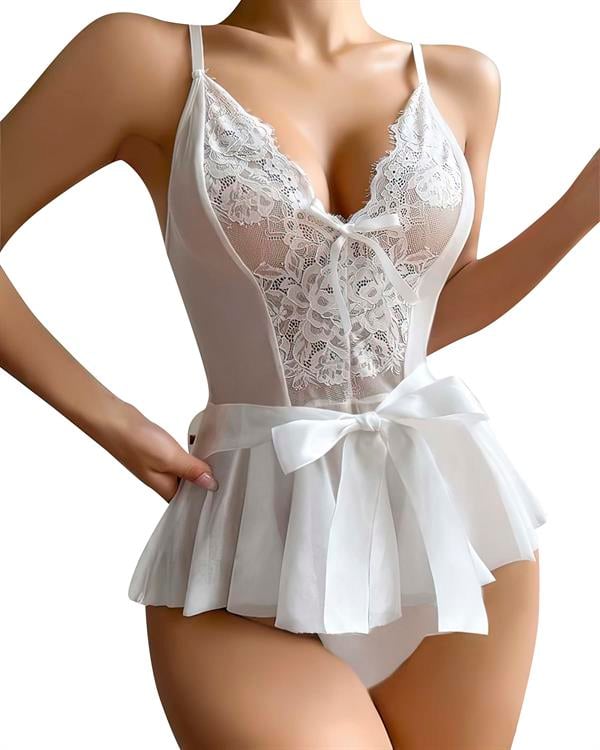 Arias Dolap Beyaz Dantel İşlemeli Kurdelalı Fantezi Tül Babydoll 