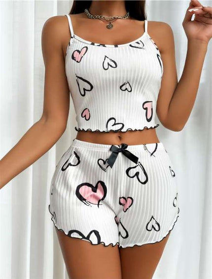 Arias Dolap Beyaz Üstüne Kalp Desenli Askılı Şortlu Pijama Takımı