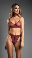 Arias Dolap Bordo Tül Büstiyerli Özel Bölgesi Açık Kelepçeli Fantezi Deri Takım 