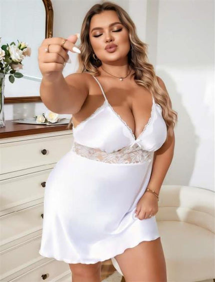 Arias Dolap Büyük Beden Beyaz Dantel İşlemeli Saten Gecelik