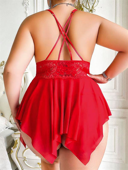 Arias Dolap Büyük Beden Dantel İşlemeli Fırfırlı Dekolteli Fantezi Tül Kırmızı Gecelik