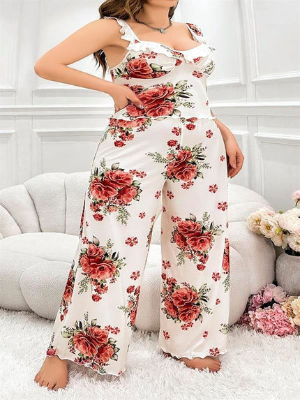 Arias Dolap Büyük Beden Gül Desenli İnce Askılı Beyaz Salaş 2'li Takım 