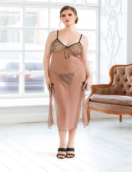 Arias Dolap Büyük Beden Kraliyet Tül Fantezi Uzun Yırtmaçlı Gecelik 