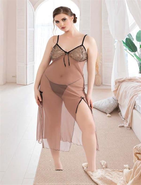 Arias Dolap Büyük Beden Kraliyet Tül Fantezi Uzun Yırtmaçlı Gecelik 