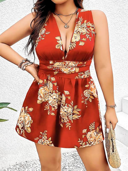 Arias Dolap Büyük Beden Kahverengi Üstüne Çiçek Desenli Sırt Detaylı Elbise 