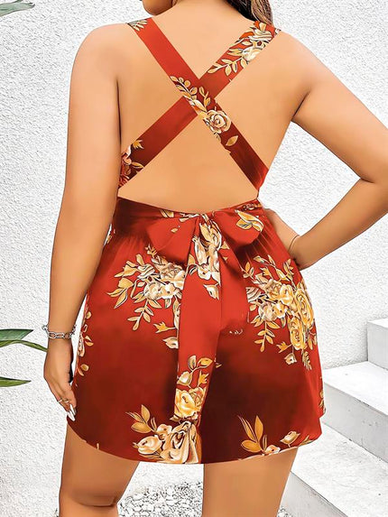 Arias Dolap Büyük Beden Kahverengi Üstüne Çiçek Desenli Sırt Detaylı Elbise 