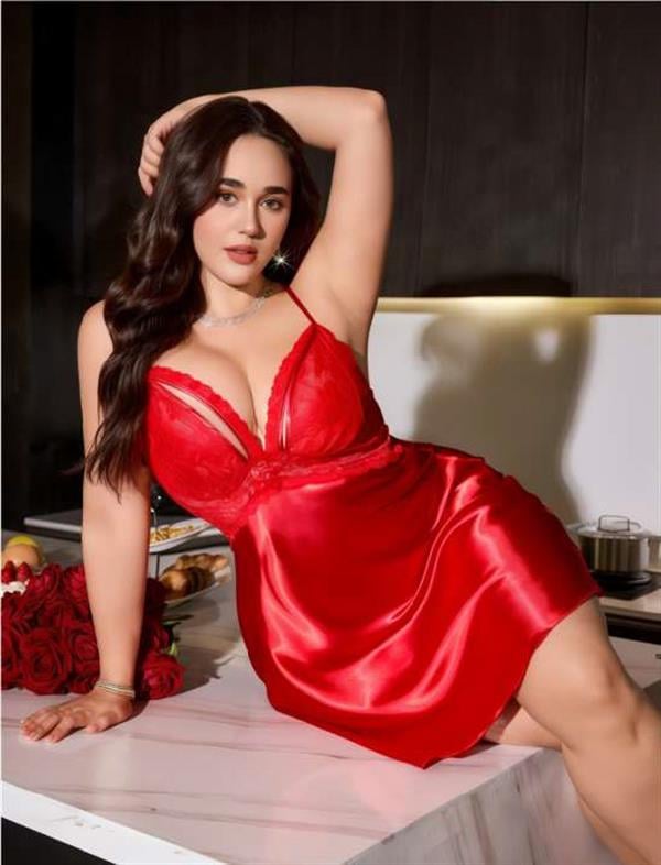 Arias Dolap Büyük Beden Kırmızı Dantel Detaylı Saten Gecelik