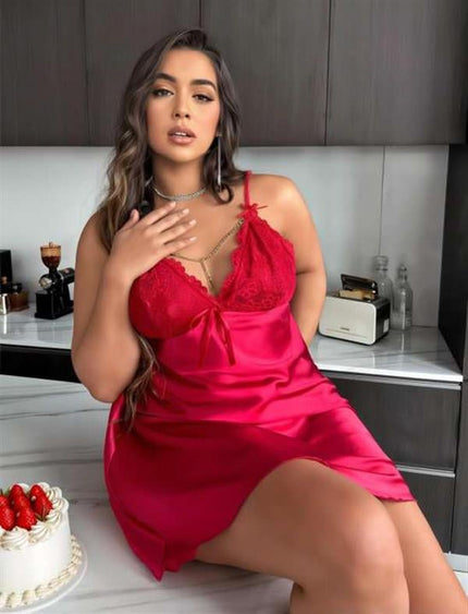 Arias Dolap Büyük Beden Kırmızı Dantel İşlemeli Saten Gecelik