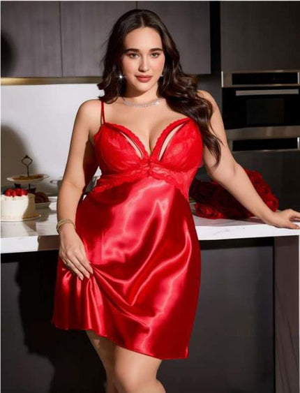 Arias Dolap Büyük Beden Kırmızı Dantel Detaylı Saten Gecelik