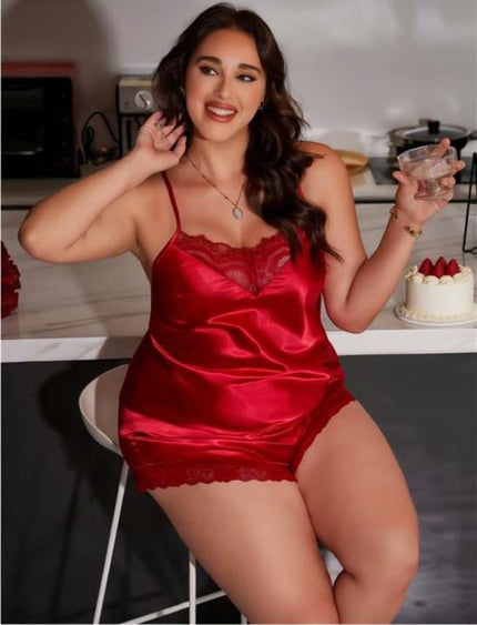 Arias Dolap Büyük Beden Kırmızı Dantel İşlemeli Saten Şortlu Takım