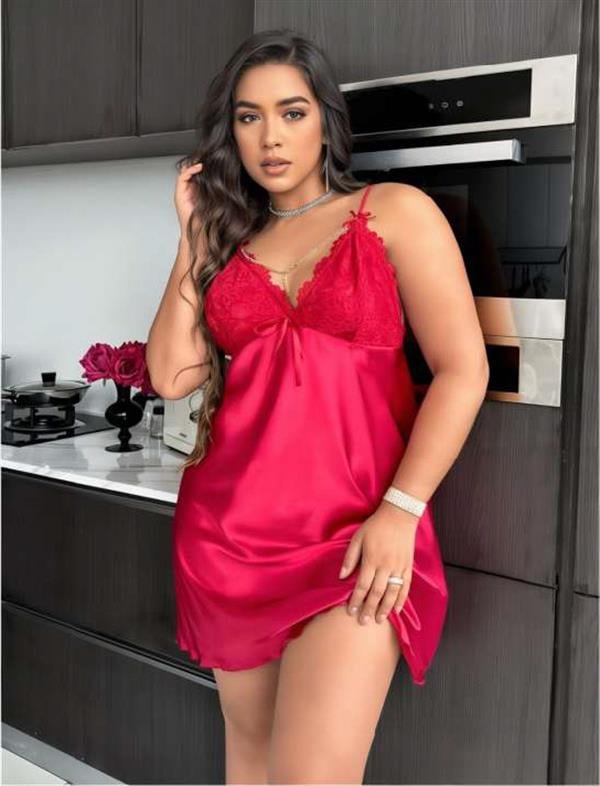 Arias Dolap Büyük Beden Kırmızı Dantel İşlemeli Saten Gecelik