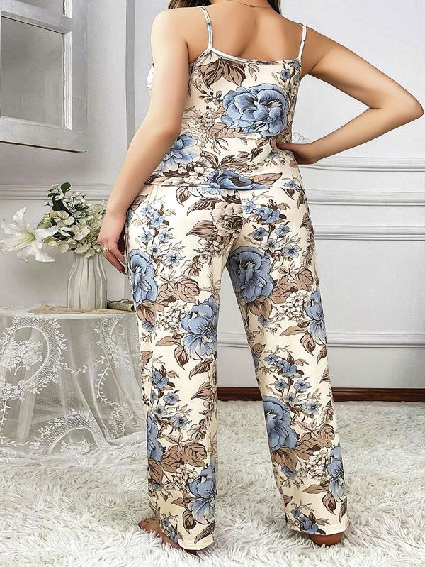 Arias Dolap Büyük Beden Mavi Çiçek Desenli İnce Askılı 2'li Saten Pijama 