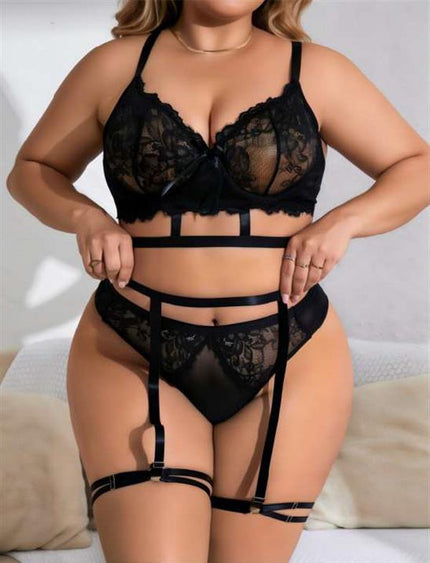 Arias Dolap Büyük Beden Siyah Dantel İşlemeli İpli Fantezi Jartiyer Takımı 