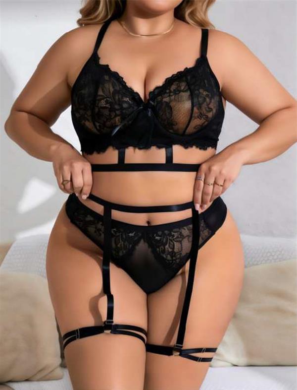 Arias Dolap Büyük Beden Siyah Dantel İşlemeli İpli Fantezi Jartiyer Takımı 