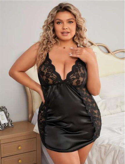 Arias Dolap Büyük Beden Siyah Dantel İşlemeli Saten Gecelik