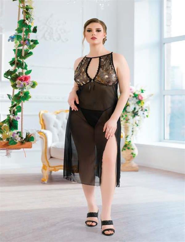 Arias Dolap Büyük Beden Siyah Tül Fantezi Uzun Yırtmaçlı Gecelik 