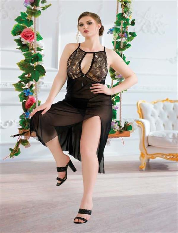 Arias Dolap Büyük Beden Siyah Tül Fantezi Uzun Yırtmaçlı Gecelik 