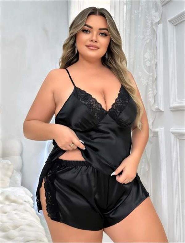 Arias Dolap Büyük Beden Siyah Yırtmaç Dantel İşlemeli Saten Şortlu Takım