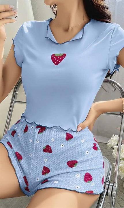 Arias Dolap Çilek Desenli Mavi Seksi Pijama Takımı
