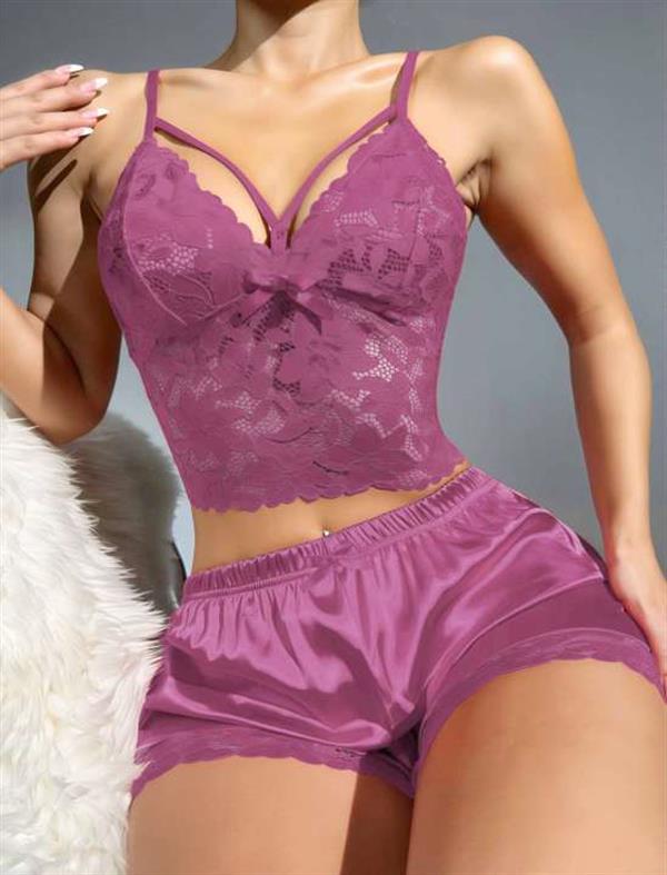 Arias Dolap Dantelli Büstiyer İnce Askılı Lila Saten Şortlu Takım