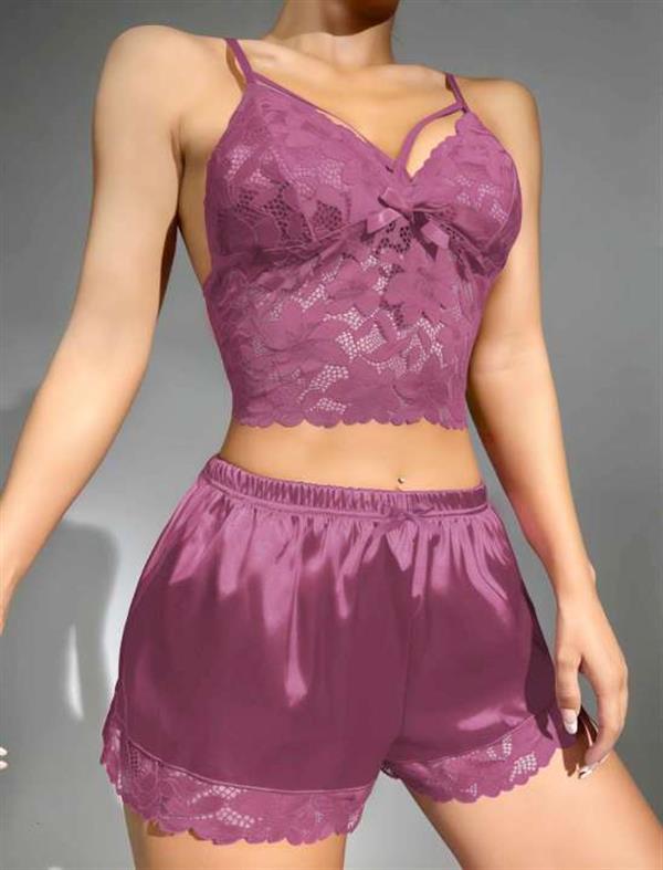 Arias Dolap Dantelli Büstiyer İnce Askılı Lila Saten Şortlu Takım