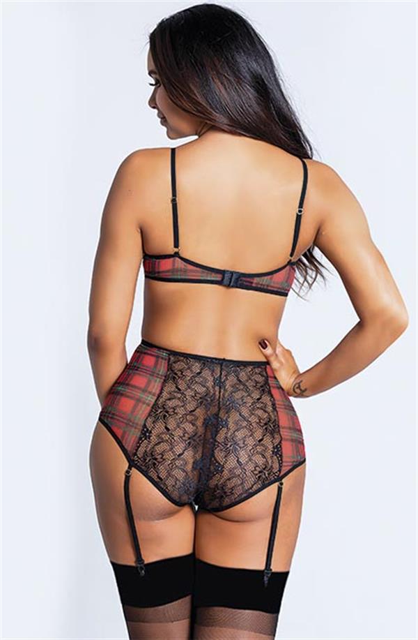 Arias Dolap Ekose Desenli Yüksek Bel Fantezi Jartiyer Takımı