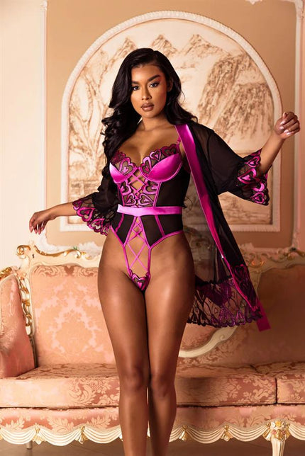 Arias Dolap Fuşya Dantel İşlemeli Kalp Desenli Fantezi Gecelik Body Takımı 