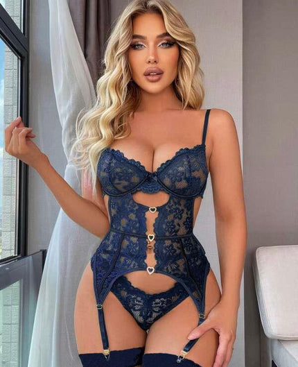 Arias Dolap Kalp Aksesuarlı Dantelli Fantezi Mavi Jartiyer Takım 